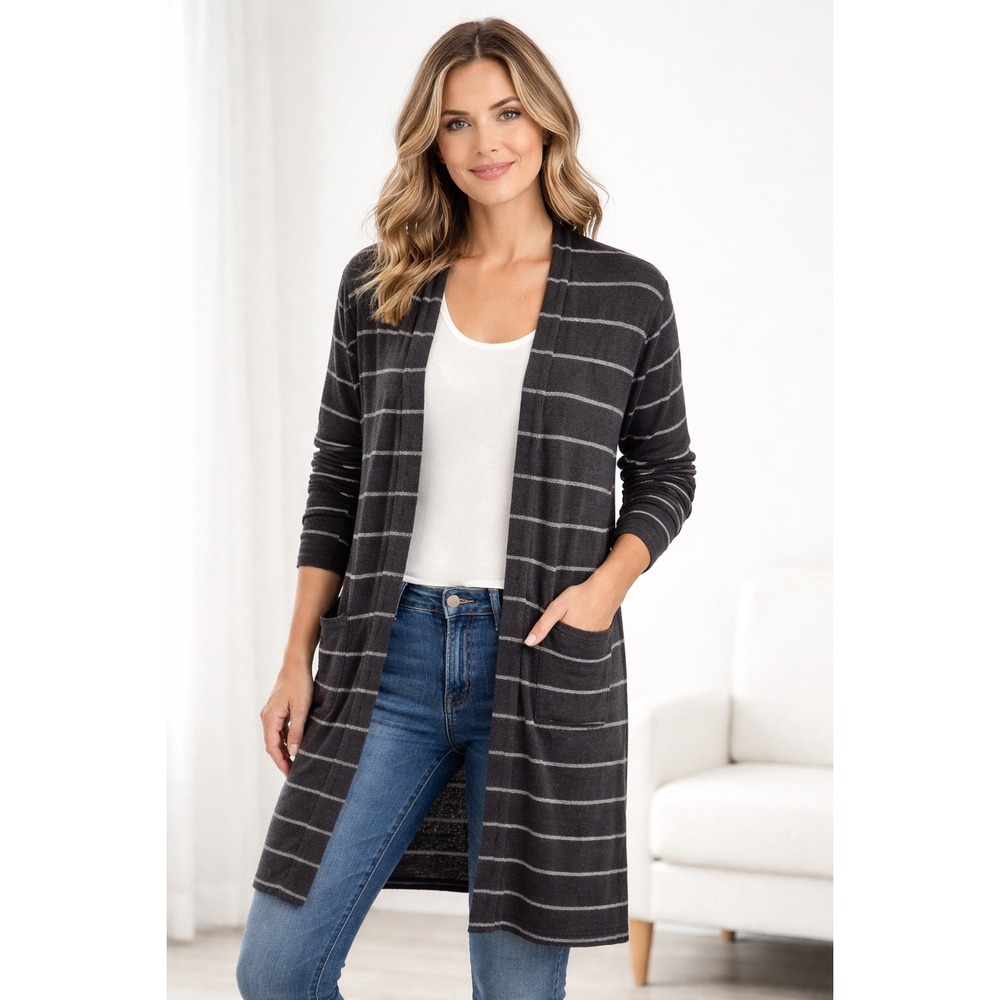 Anthropologie Talulah Long Duster Cardigan Women S Gray Striped Knit‎ Pockets